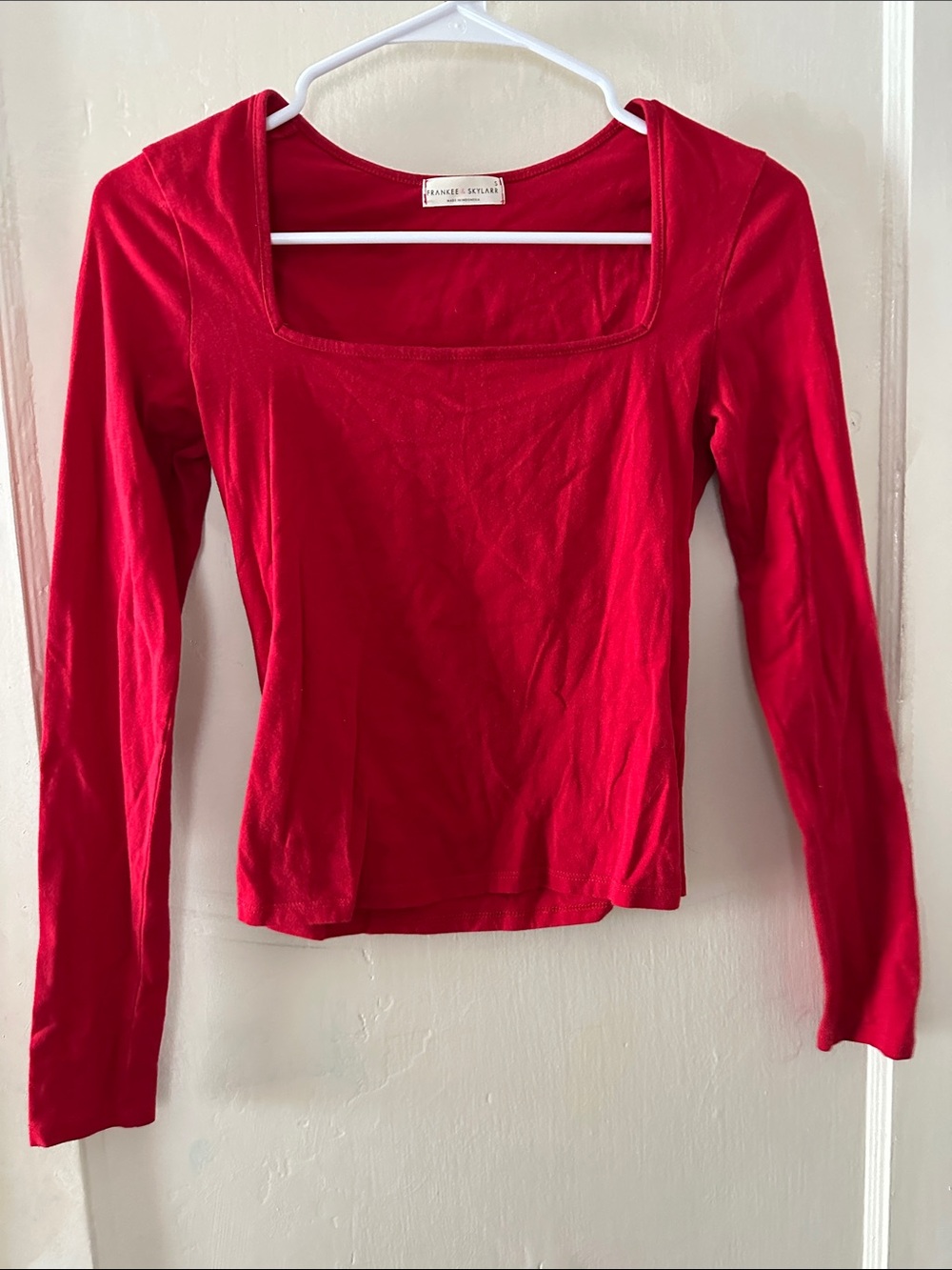 Frankie B. Bright Red Square Neck Long Sleeve Tee